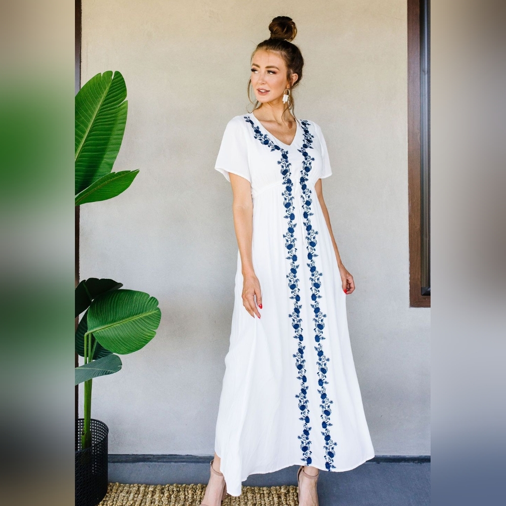 New! Santorini Dreams Embroidered Maxi Dress in White and Navy Blue